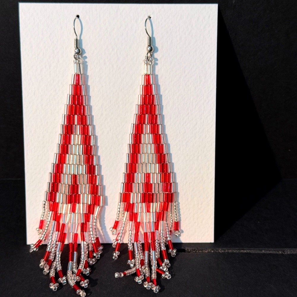 Native American Red Silver Beaded Fringe Earrings Boho Long Dangle J3063